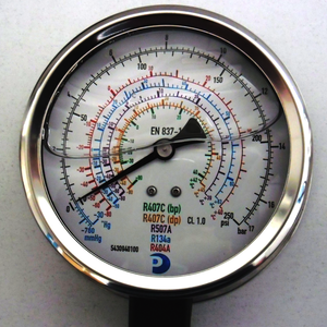 Manómetro de baja presión de Ø 68 mm con borde dorsal y con glicerina MPGV-250/60 para R-134a,R404a y R-507A. Conexión 1/4